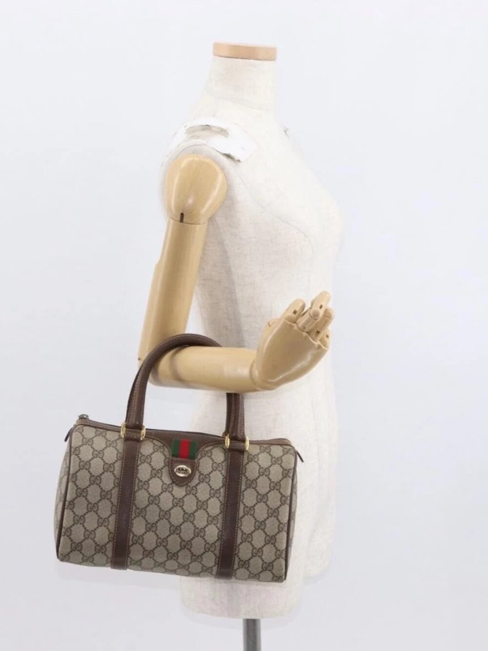 GUCCI GG Supreme Web Sherry Line Hand Bag PVC Beige Gold 40 02 006 Auth BA9363